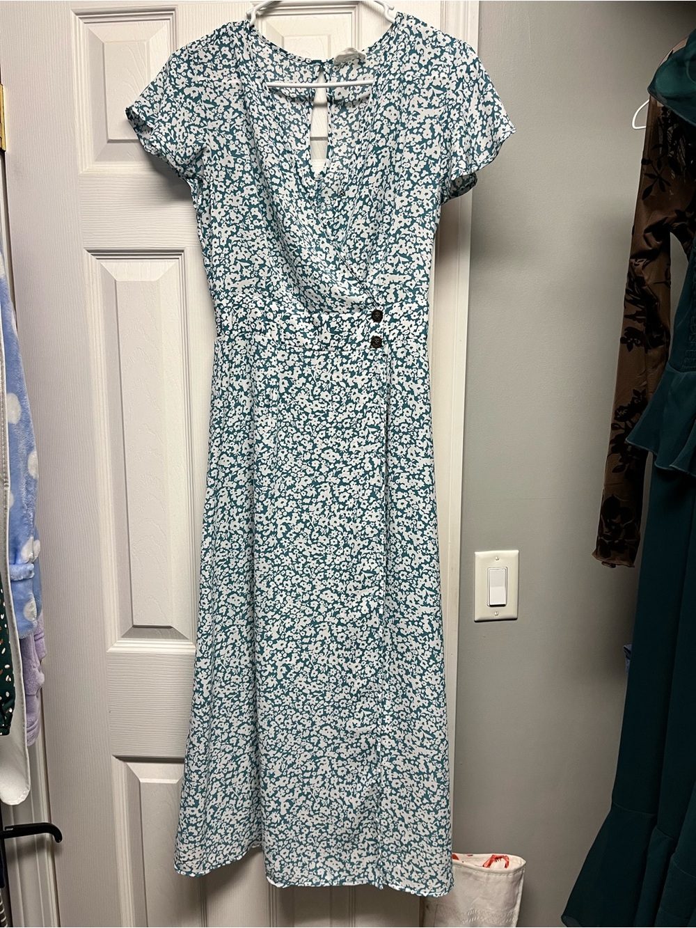 Sienna Sky Teal and White Floral Wrap-Effect Midi Dress